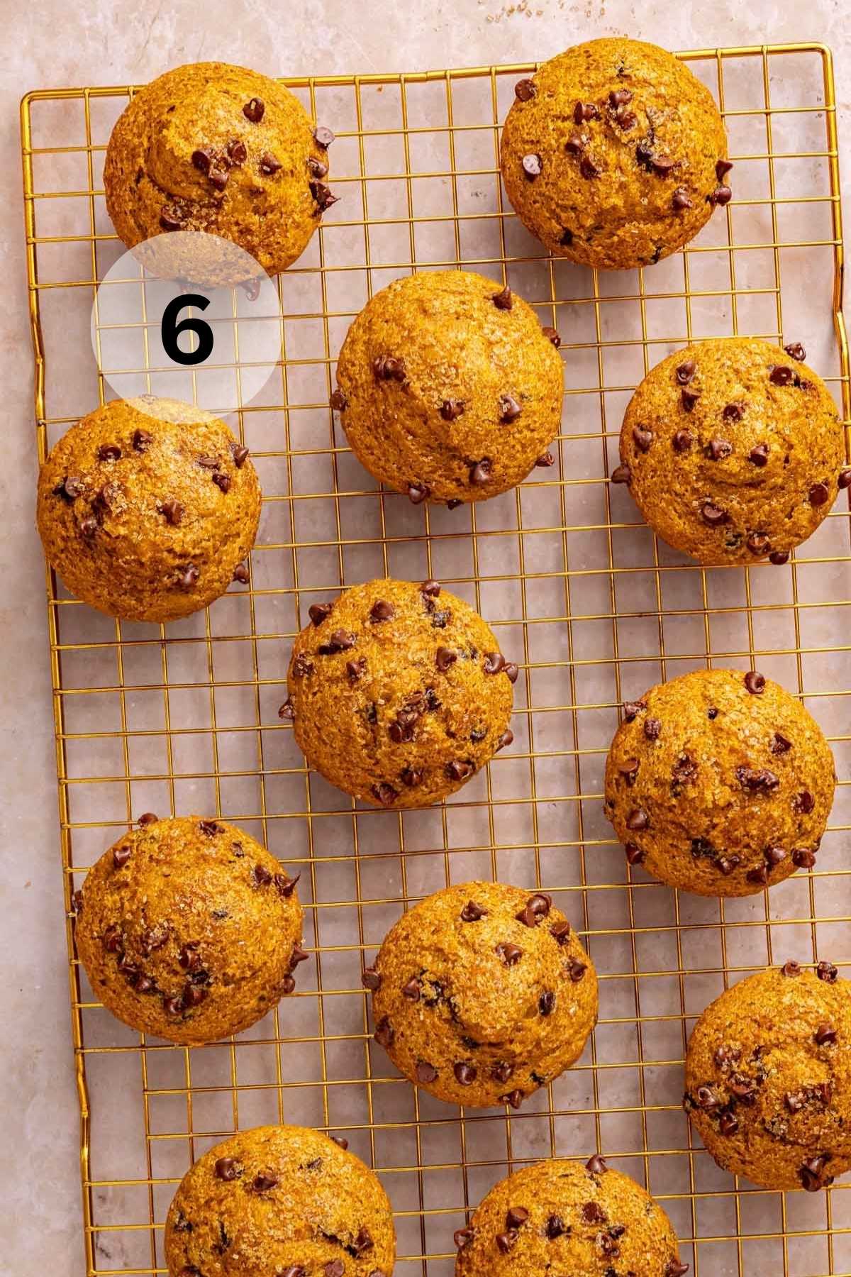 Pumpkin protein muffins on a wire rack.