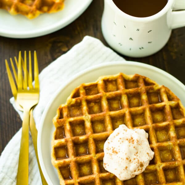 An incredibly easy to make recipe, these Gluten-Free Pumpkin Protein Waffles work as a delicious breakfast, snack, or even cozy dessert!