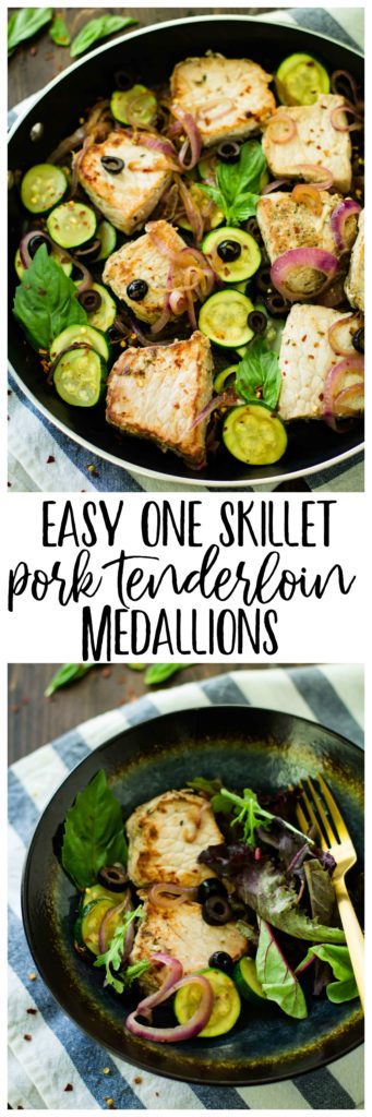 Easy One Skillet Pork Tenderloin Medallions with zucchini makes for an easy one pan meal! It's protein and veggie packed, nourishing, paleo, low carb, and ready in less than 30 minutes. You and your family will love this flavorful pork loin skillet dish, that's perfect for busy weeknights!