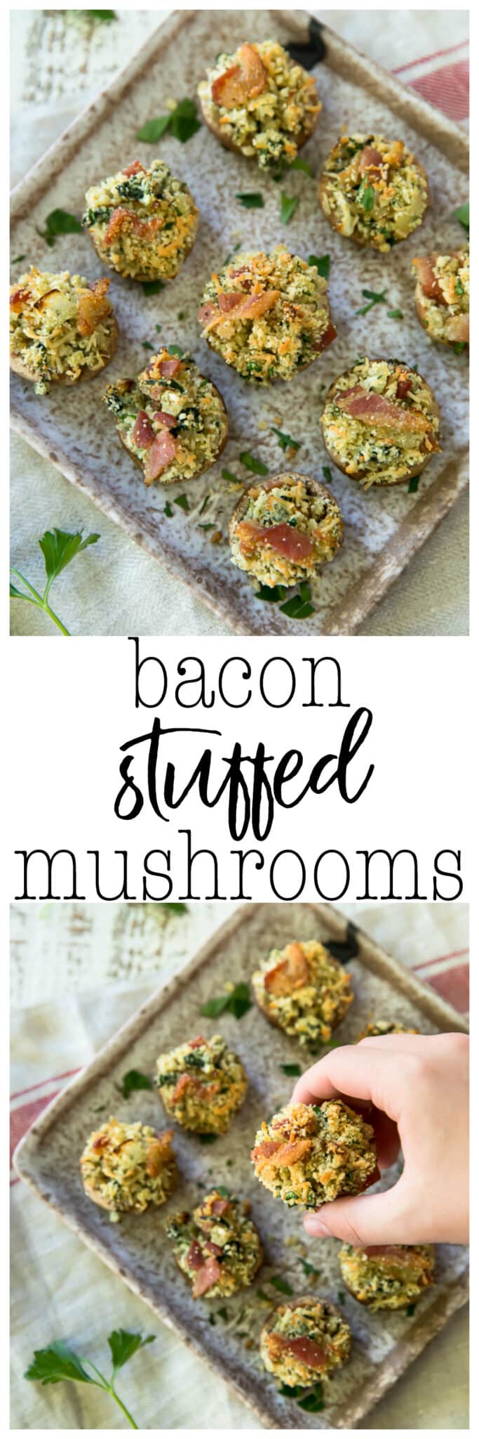 These Bacon Stuffed Mushrooms are the perfect app for your next party! Who doesn't love this cheesy and bacon filled deliciousness in the bite-sized perfection of mushroom caps?!