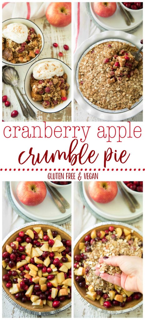 This Gluten Free Cranberry Apple Crumble Pie has all of the warmth, spice and sweet flavor of the holiday season. Also, it’s ridiculously simple to throw together and will make the perfect addition to your festive dessert spread!