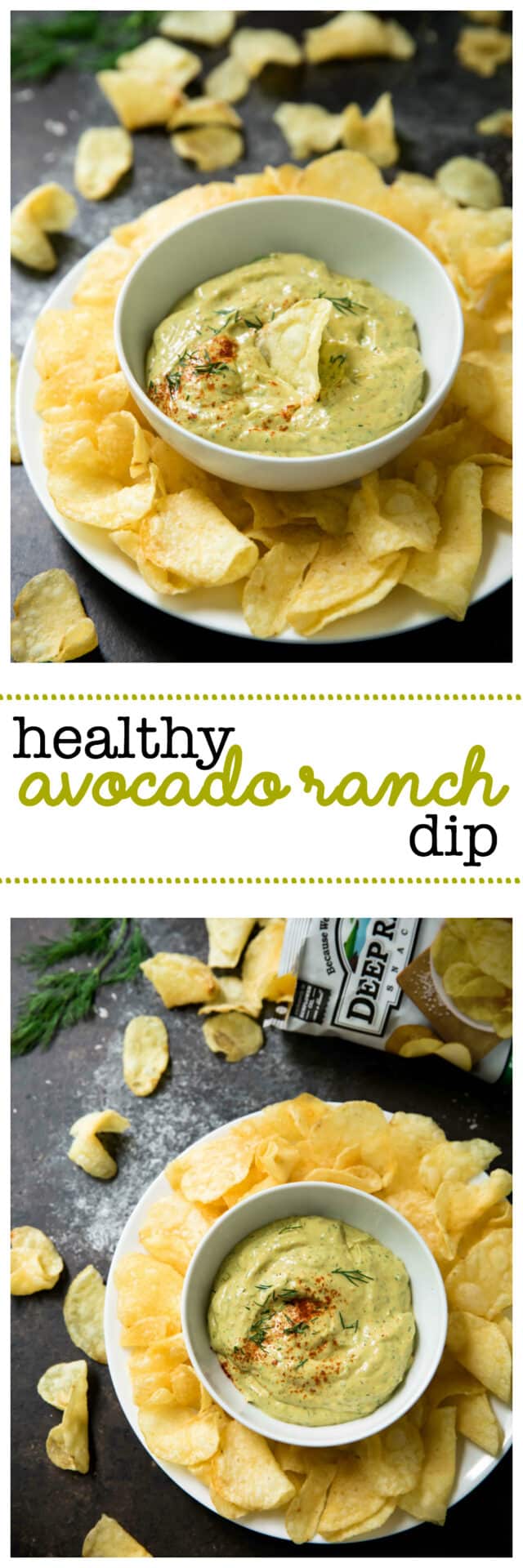 Healthy Avocado Ranch Dip - The perfect recipe for chip dippin'! Creamy avocado, fresh dill, a hint of vinegar and garlic… oh boy. It’s the best.