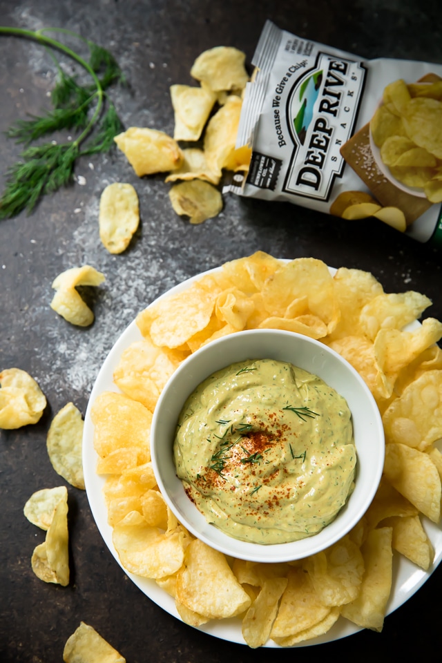 Healthy Avocado Ranch Dip - The perfect recipe for chip dippin'! Creamy avocado, fresh dill, a hint of vinegar and garlic… oh boy. It’s the best.