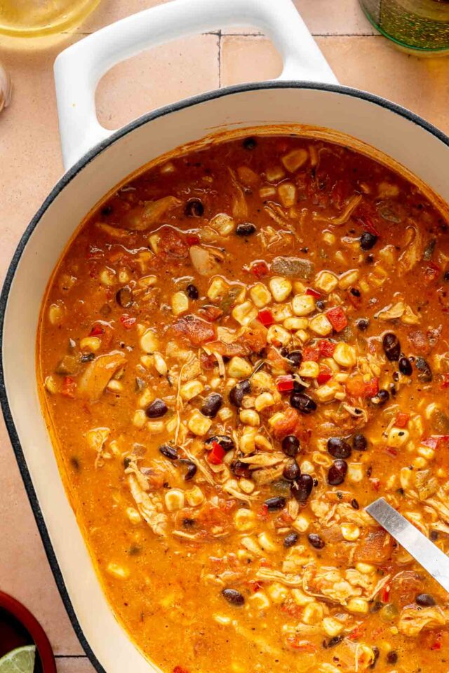Stirring creamy chicken enchilada soup.