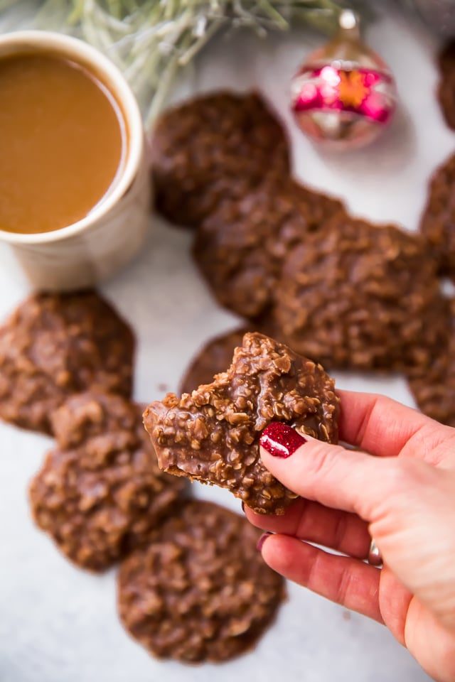 chocolate peanut butter no bake cookies served with coffee
