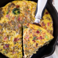 So quick, so easy and so perfect as a quick weeknight dinner or fancy brunch – this Tasty Bacon Spinach Frittata can be made ahead of time too!