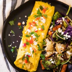 This Hummus Feta Omelet is super filling, low in carbs and packed with protein. Plus, it’s delicious. Hummus is surprisingly so tasty with eggs!