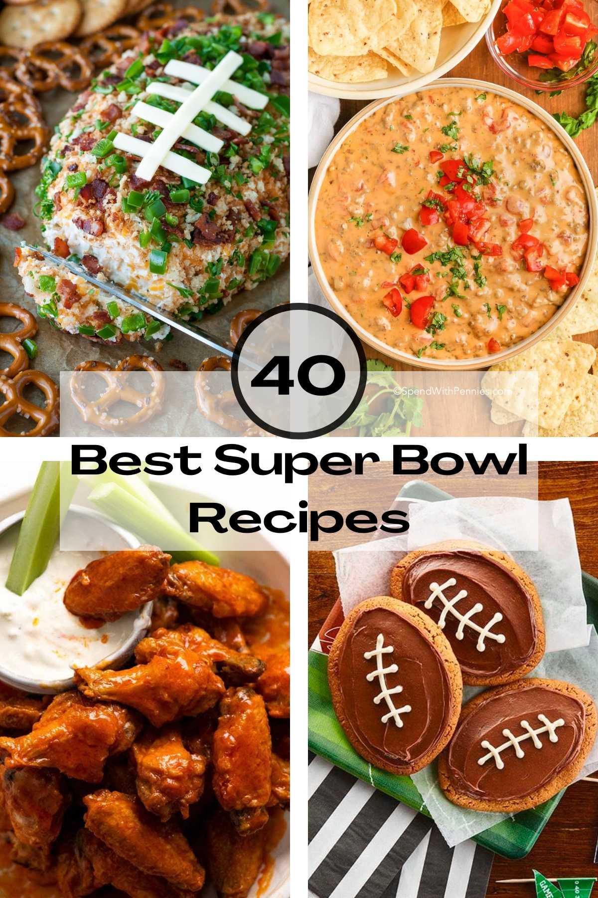 Best Super Bowl recipes with hot wings, cheese ball, Rotel dip and football cookies.
