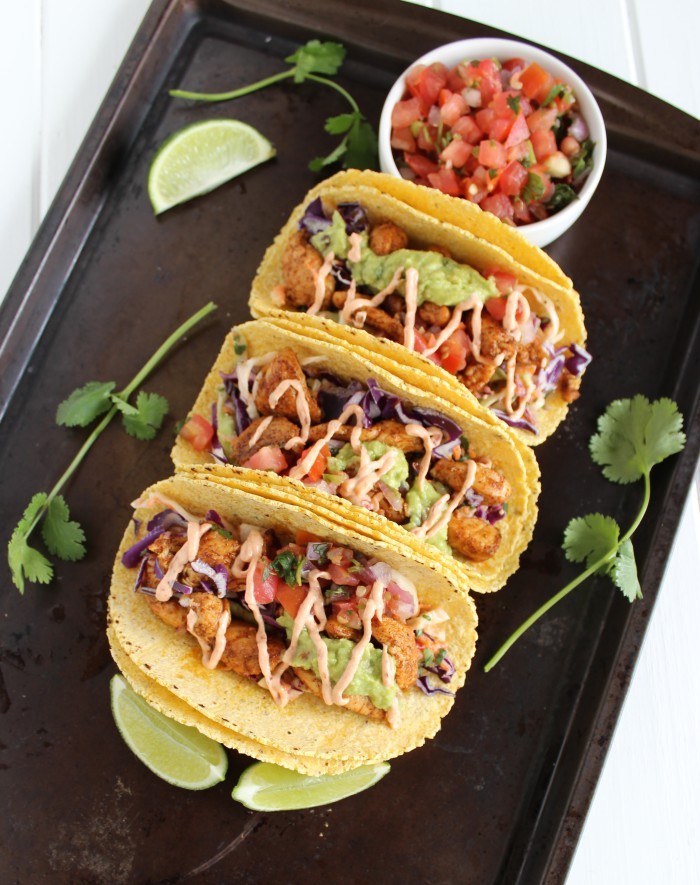 Slim things down with these skinny chicken tacos served with a spicy chipotle sauce. Everything is low in fat & calories, and BIG on flavor!