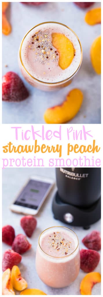 This Tickled Pink Strawberry Peach Protein Smoothie made with a combo of two of my favorite fruits is packed with protein, antioxidants, vitamin C, and potassium. It's also simple, fruity and refreshing! The perfect treat for breakfast, snack, or even dessert!