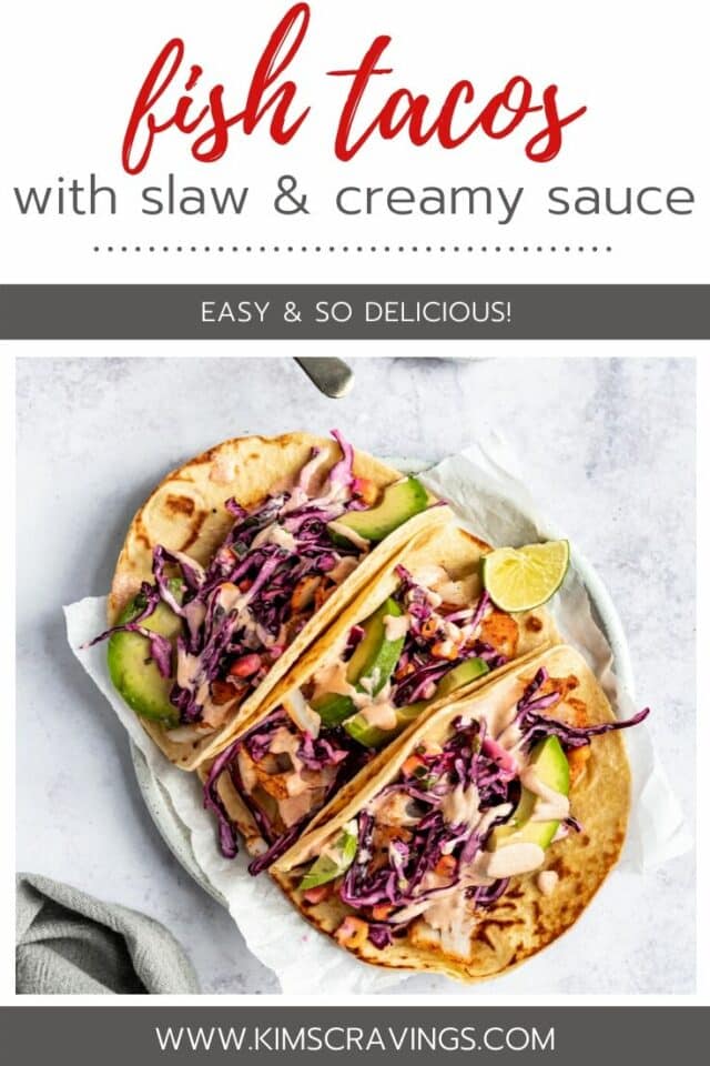 cod fish tacos made with a cabbage slaw and creamy sauce