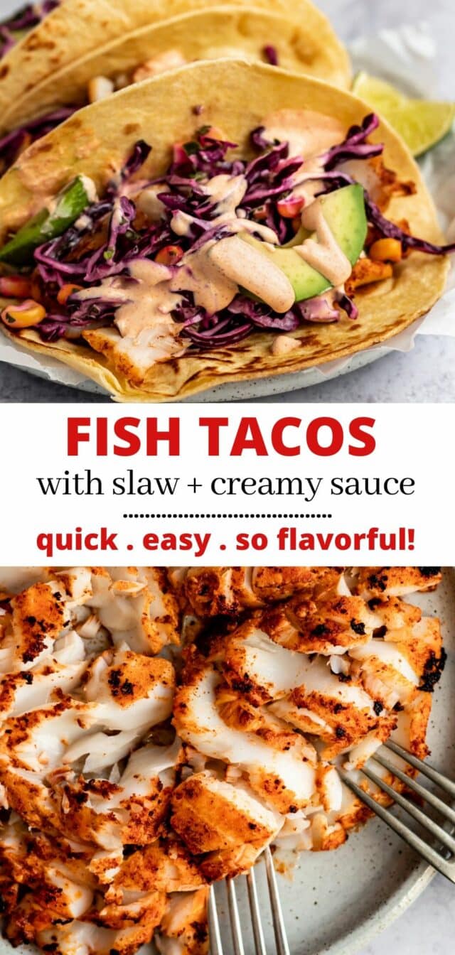 instructions for making fish tacos with cod, cabbage slaw, and creamy sauce