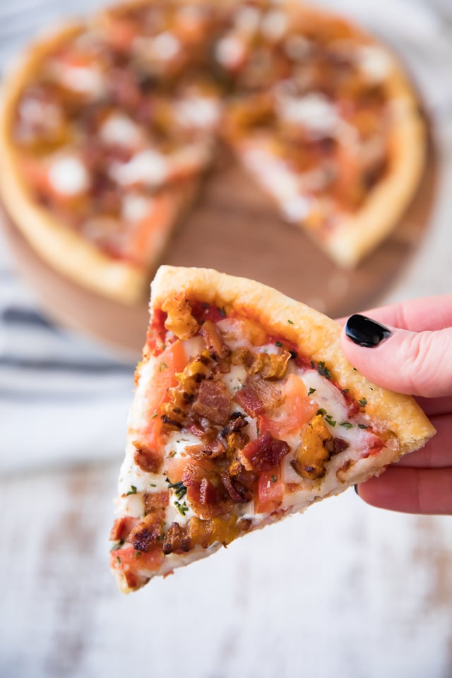This Butternut Squash, Bacon, Goat Cheese Pizza comes complete with sweet butternut squash, bacon, three yummy cheeses (including my favorite - goat cheese) and the most phenomenal crispy cornmeal crust.
