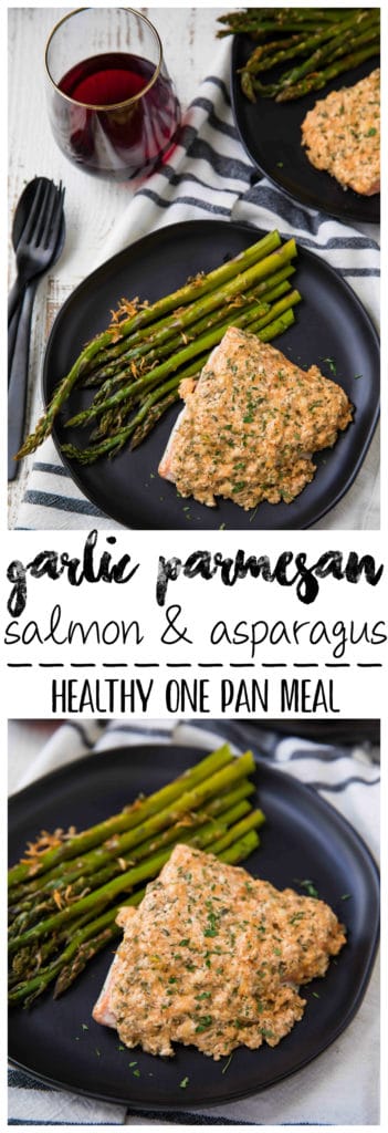 This Garlic Parmesan Salmon and Asparagus dish is a complete sheet pan supper with ONE PAN to clean! And is made extra delicious with an epic garlic parmesan crust! So easy and SUPER tasty!