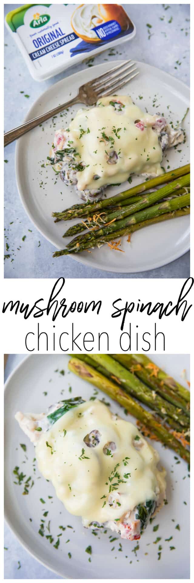This Mushroom Spinach Chicken Dish is packed with tons of flavor and may just be one of the best baked chicken recipes you will every try! It makes the perfect weeknight comfort meal that is cheesy and delicious with even tastier leftovers! Serve with veggies or a side salad for a complete meal!