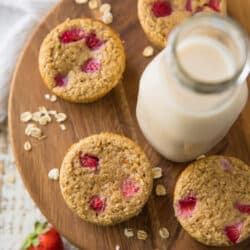 These Flourless Strawberry Banana Oat Protein Muffins are the perfect breakfast flavor bombs! They’re nearly fat free, less than 100 calories and packed with over 7 grams of protein and so much deliciousness. You won’t miss all the calories and fat, trust me!