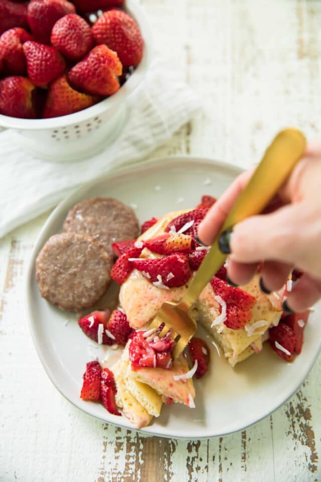 Sheet Pan Pancake Breakfast with Smithfield Hometown Original Fresh Breakfast Sausage and roasted strawberries is very easy to whip up and takes just 20 minutes to bake, giving you more time for morning cartoon snuggles!