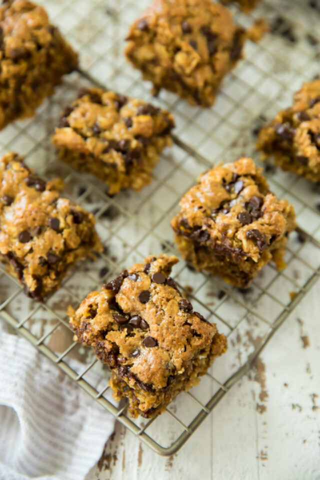 Chocolate Chip Oatmeal Bars on a wire cooling rack
