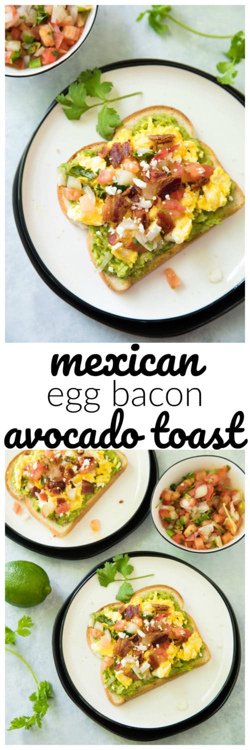 This Mexican Egg Bacon Avocado Toast is simply one of the best breakfast solutions of all time. It's made in less than 10 min from start to finish, and is super delicious with endless options. Have you jumped on the avocado toast bandwagon? Yes? Well, enjoy my favorite avocado toast recipe idea!