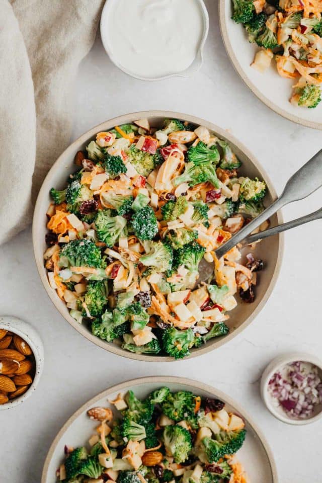 Broccoli apple salad in a large serving bowl.