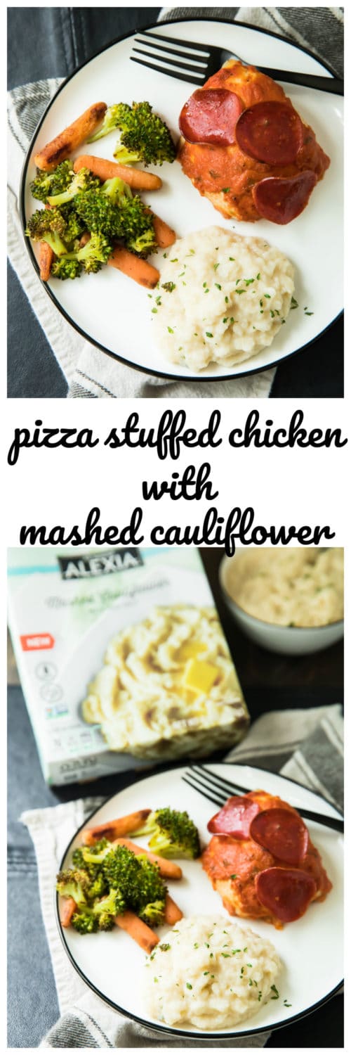 Pizza Stuffed Chicken With Mashed Cauliflower is a complete family-friendly meal with all the delicious flavors of pizza, but with extra protein from the chicken, and none of the empty calories/carbs from the crust!