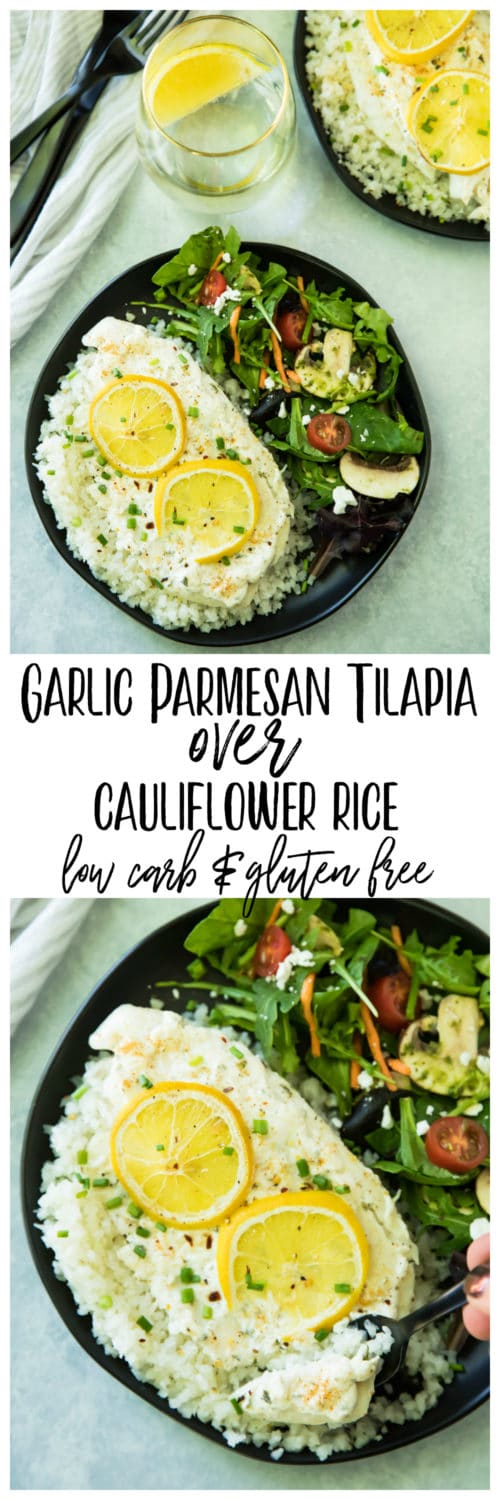 Garlic Parmesan Tilapia Over Cauliflower Rice is ready in less than 20 minutes! The tilapia cooks up light and flakey, and pairs wonderfully with cauliflower rice. It's one of my favorite ways to enjoy fish, and is so good, that even non-seafood lovers will be won over by this dish!