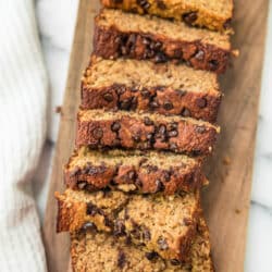overhead view of sliced Low Fat Flourless Banana Bread with chocolate chips