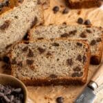 Sliced banana oat bread with chocolate chips.