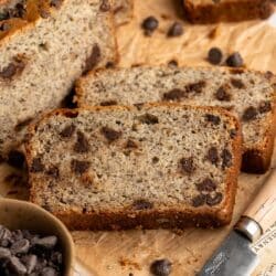 Sliced banana oat bread with chocolate chips.