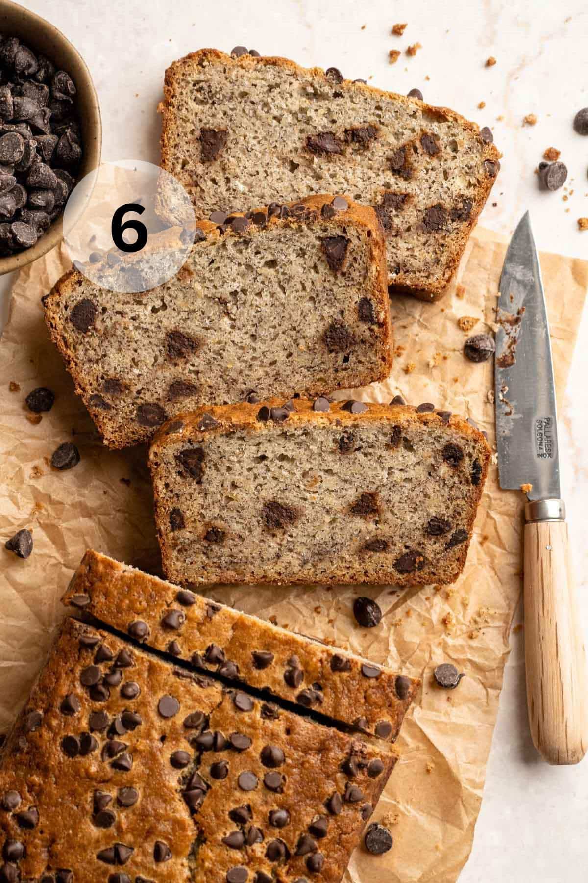 Sliced banana oat bread with chocolate chips.
