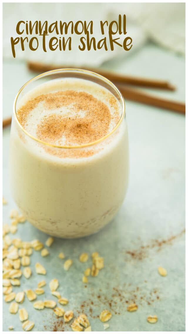 cinnamon roll protein shake served in a glass