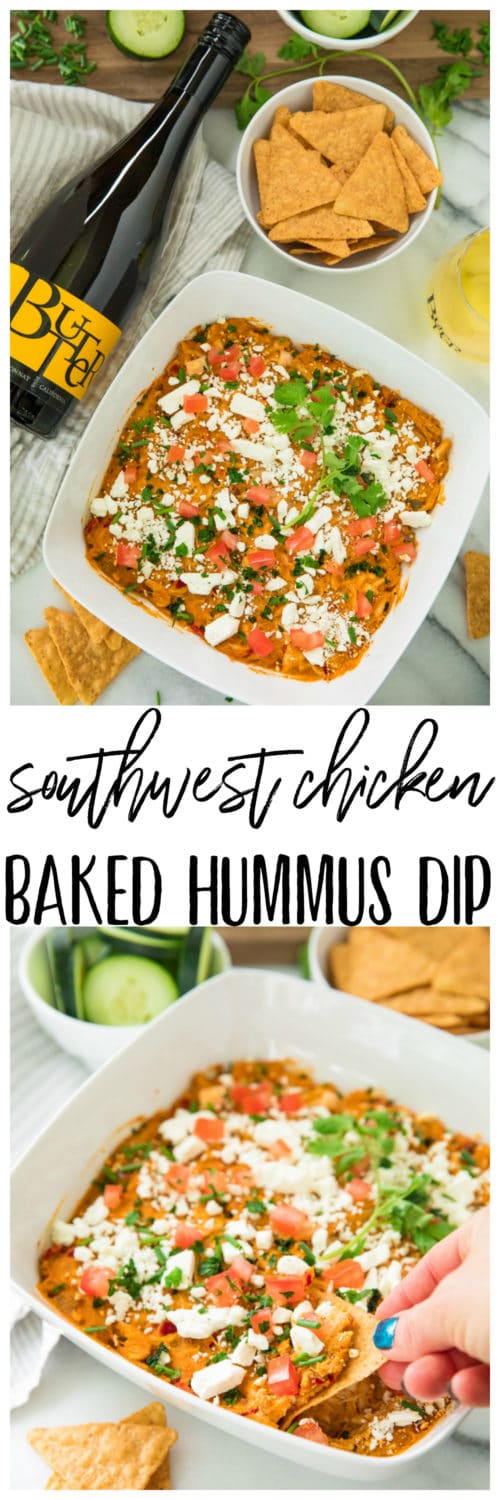 Easy Southwest Chicken Baked Hummus Dip is a protein-packed, stick-to-your-ribs dip! It's not only the perfect meal-type appetizer, but it’s also the ultimate crowd-pleasing dip!
