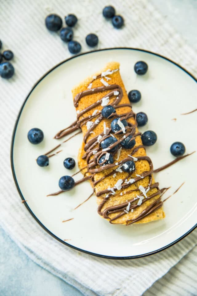 overhead closeup view of Nutella Blueberry Protein Crepes