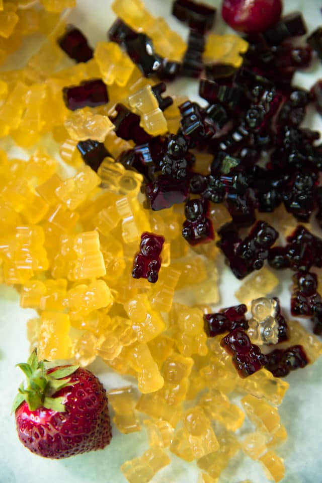 overhead view of yellow and dark red gummy bears