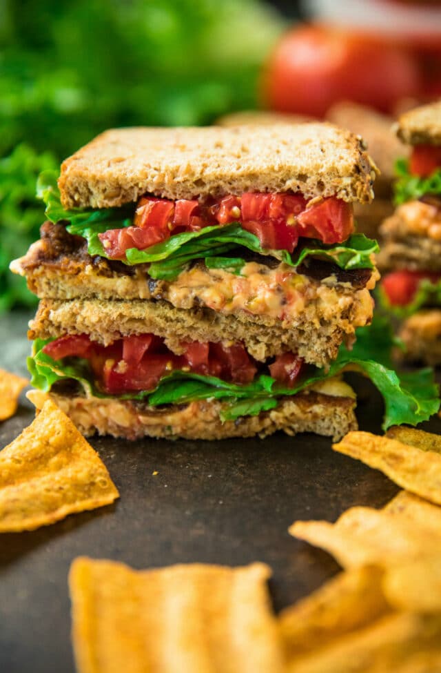 Close up view of stacked 5-Ingredient pimiento cheese BLT sandwiches