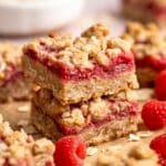 Stacked raspberry bars.