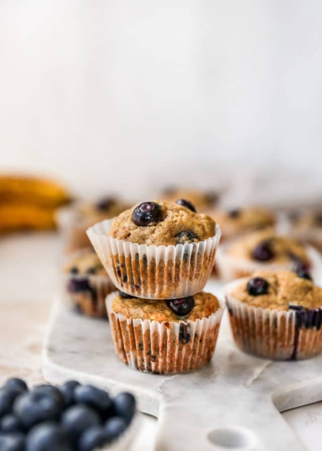 blueberry banana muffins stacked