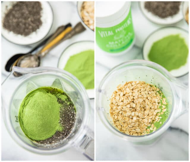 Ingredients in the blender to make Matcha Collagen Overnight Oats
