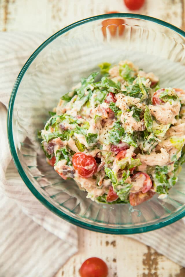 closeup view of chicken salad for BLT Chicken Salad Stuffed Avocados