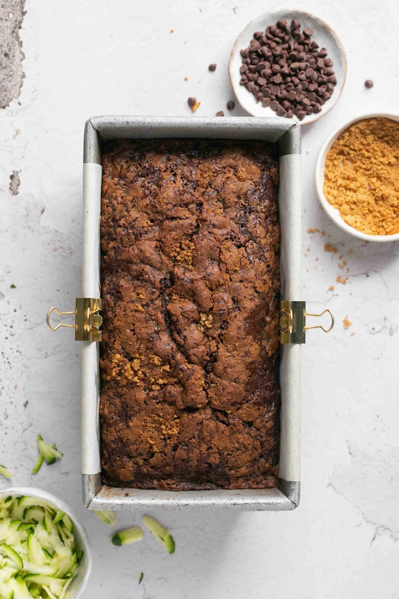 Chocolate zucchini bread baked in a loaf pan.