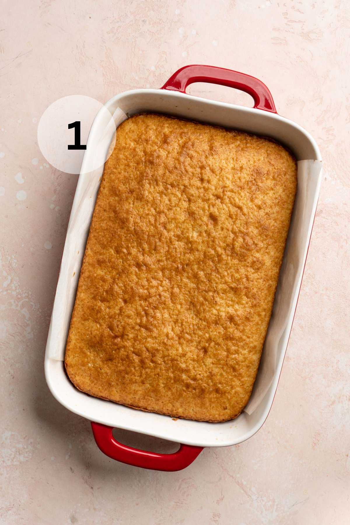 Cake baked in a 9x13-inch pan.