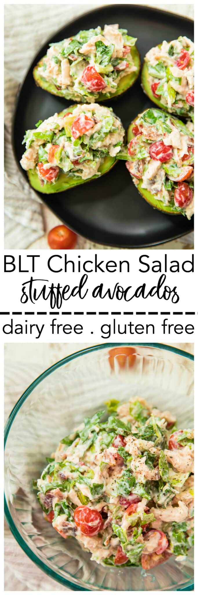 Pinterest image for BLT Chicken Salad Stuffed Avocados