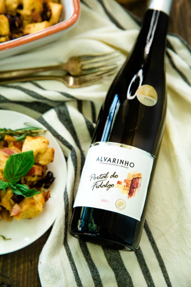 a bottle of wine to be served with Easy Bacon Apple Stuffing Recipe