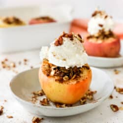 baked apples with crisp topping and served with vanilla ice cream