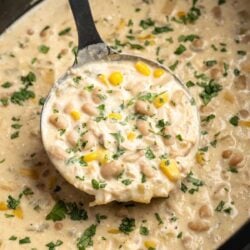White chicken chili garnished with cilantro in a ladle.