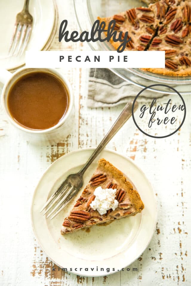 piece of pecan pie on a small plate served with a cup of coffee