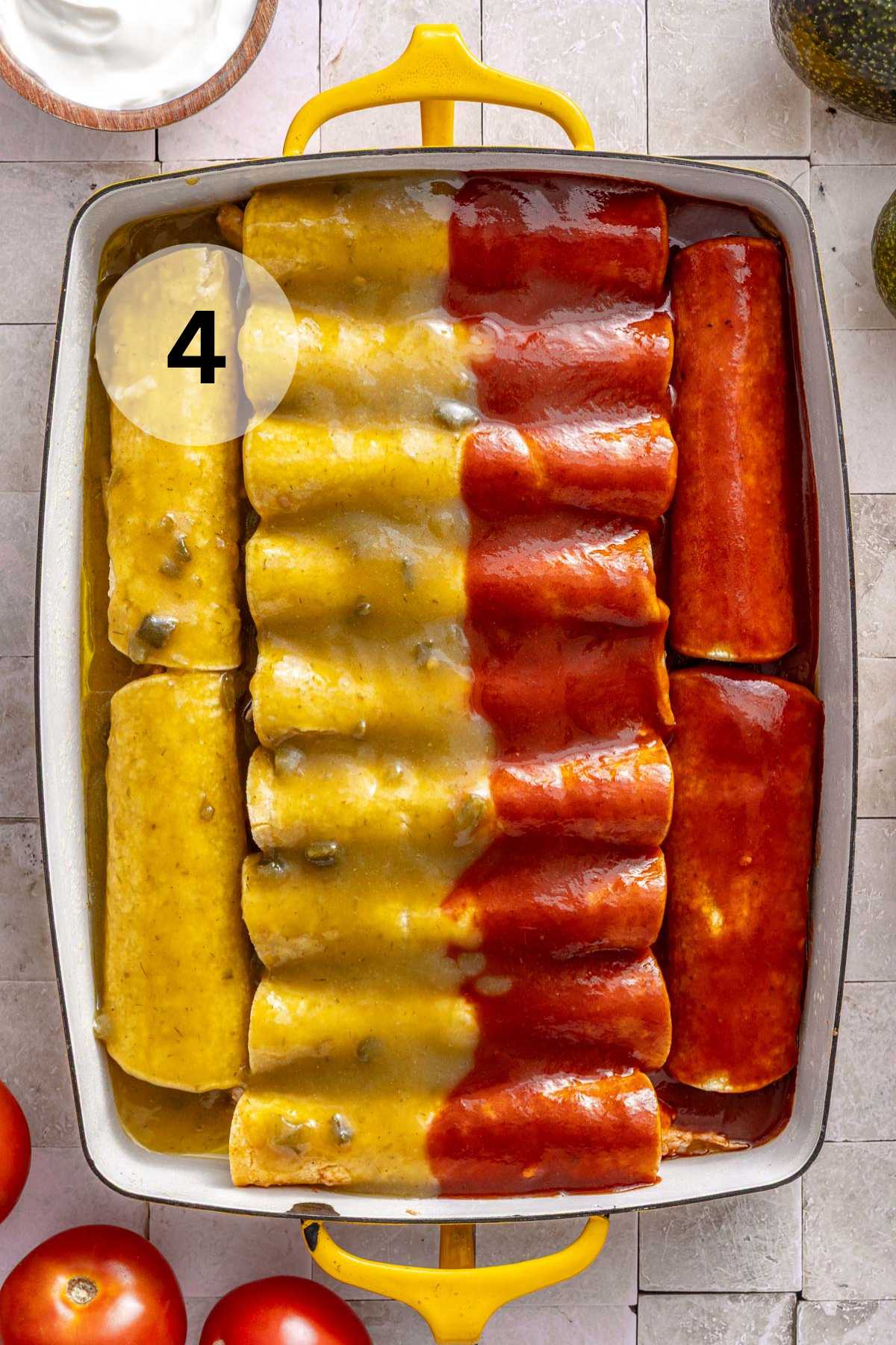 Rolled tortillas with enchilada sauce over the top.
