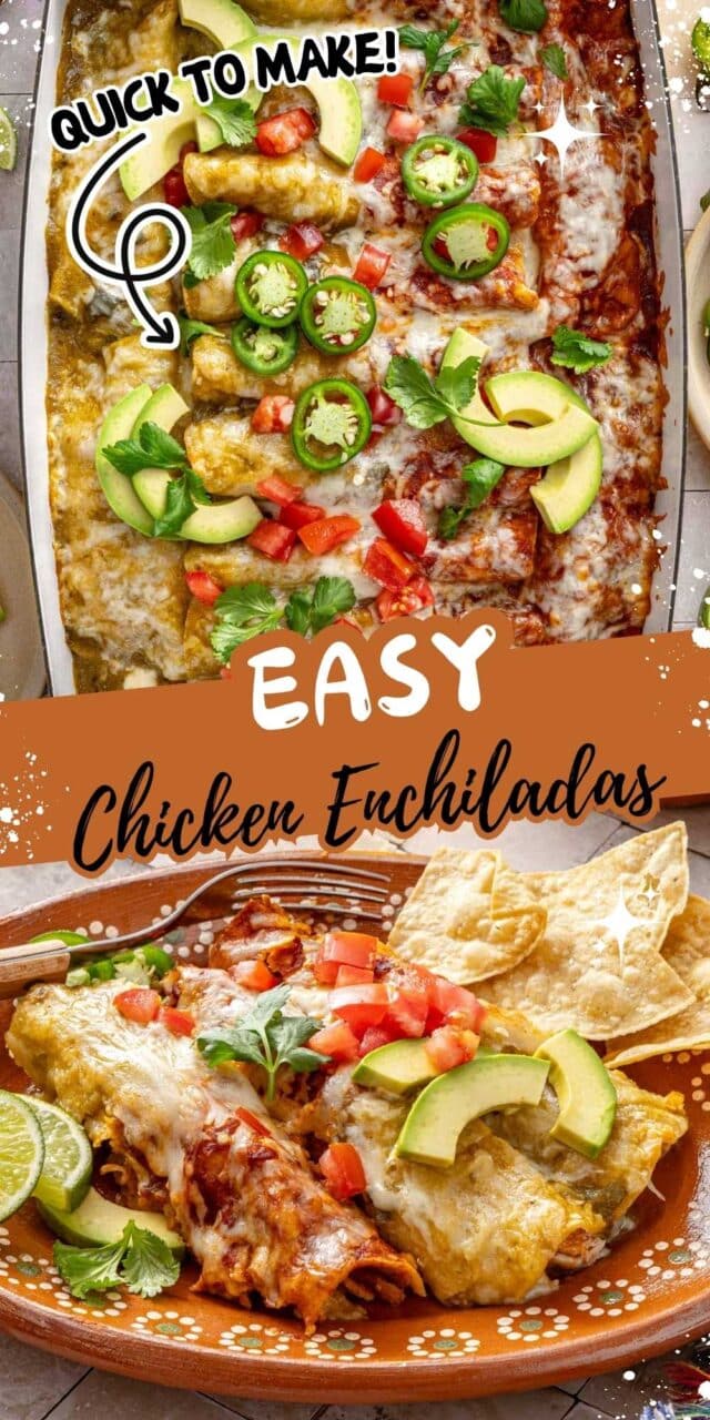 Chicken enchilada recipe topped with avocado and jalapeño slices.