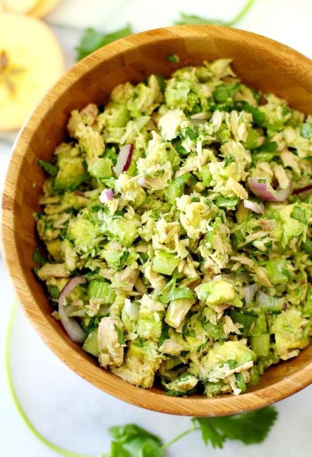 avocado tuna salad in a large wooden serving bowl