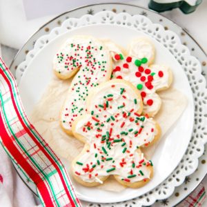 holiday sugar cookies decorated with frosting and sprinkles